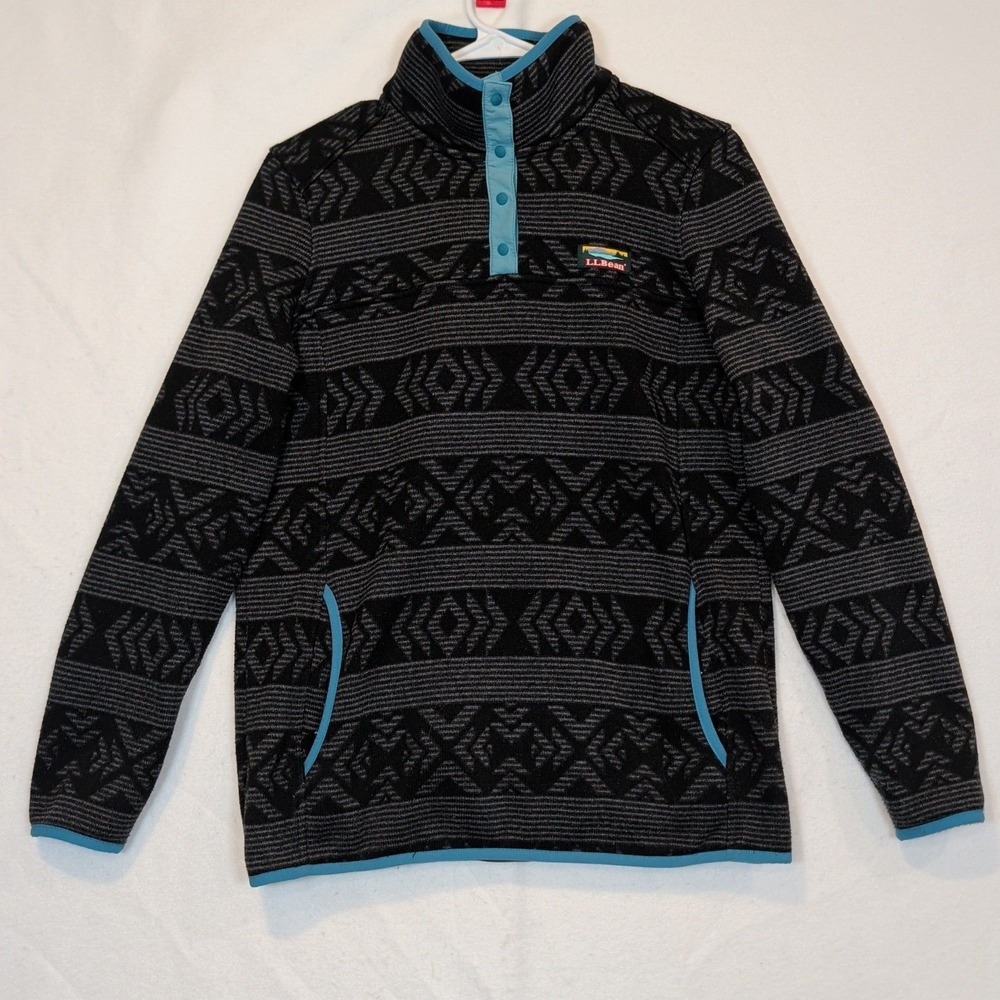 LL Bean Sweater Fleece Pullover Womens Medium Gray Black Geometric Snap